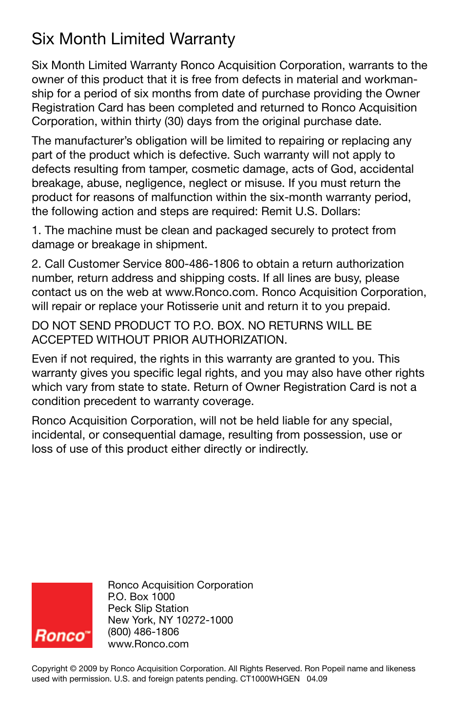 Six month limited warranty | Ronco Coffeemaker User Manual | Page 9 / 9