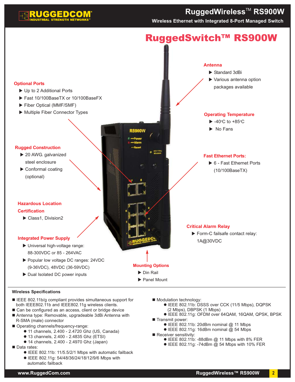 Ruggedswitch™ rs900w, Ruggedwireless, Rs900w | RuggedCom RuggedWireless RS900W User Manual | Page 2 / 9