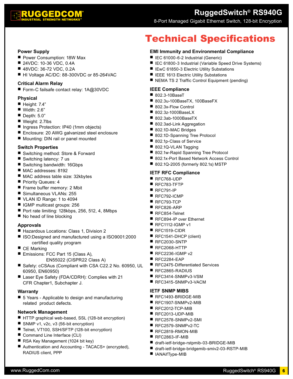 Technical specifications, Ruggedswitch, Rs940g | RuggedCom RS940G User Manual | Page 6 / 9