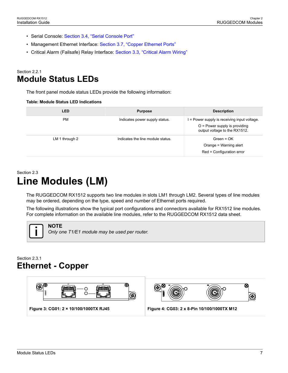 Module status leds, Line modules (lm), Ethernet - copper | 1 module status leds, 3 line modules (lm), 1 ethernet - copper, Modules, see, Section 2.3, “line modules (lm) | RuggedCom RX1512 User Manual | Page 13 / 48