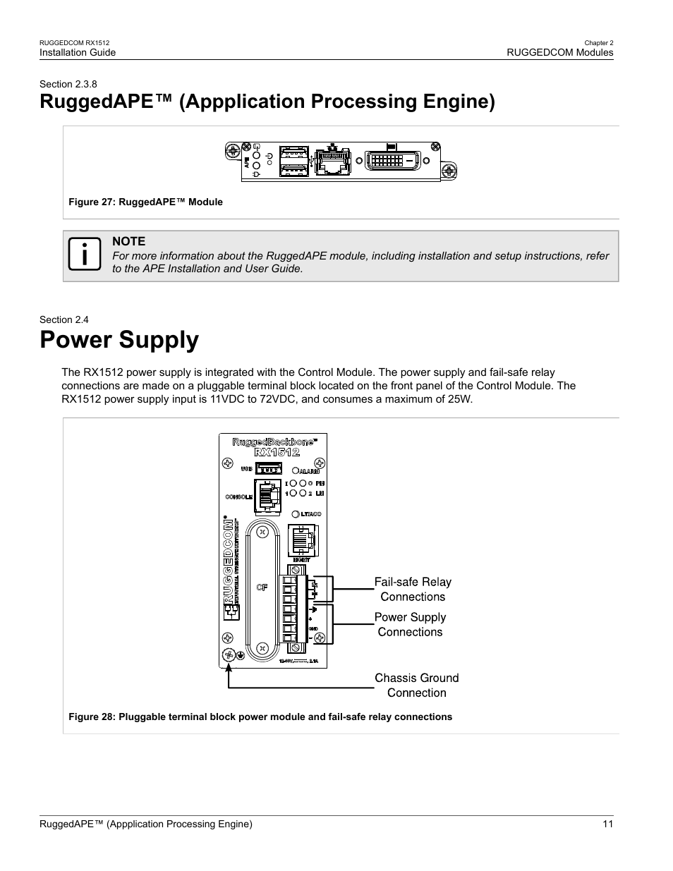 Ruggedape™ (appplication processing engine), Power supply, 8 ruggedape™ (appplication processing engine) | 4 power supply, Completing the power supply connections, see, Section 2.4, “power supply | RuggedCom RX1512 User Manual | Page 17 / 48