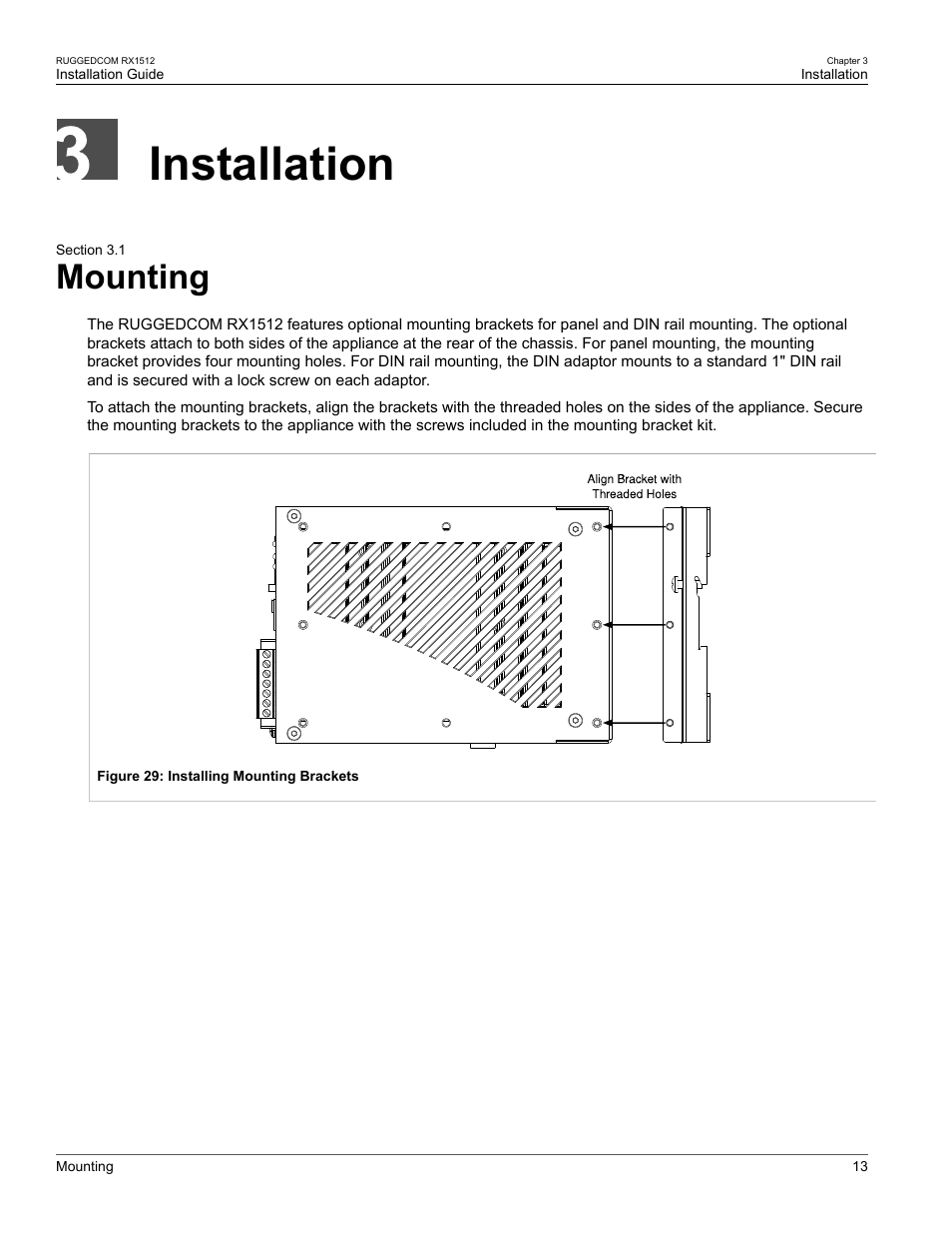 Installation, Mounting, 1 mounting | RuggedCom RX1512 User Manual | Page 19 / 48