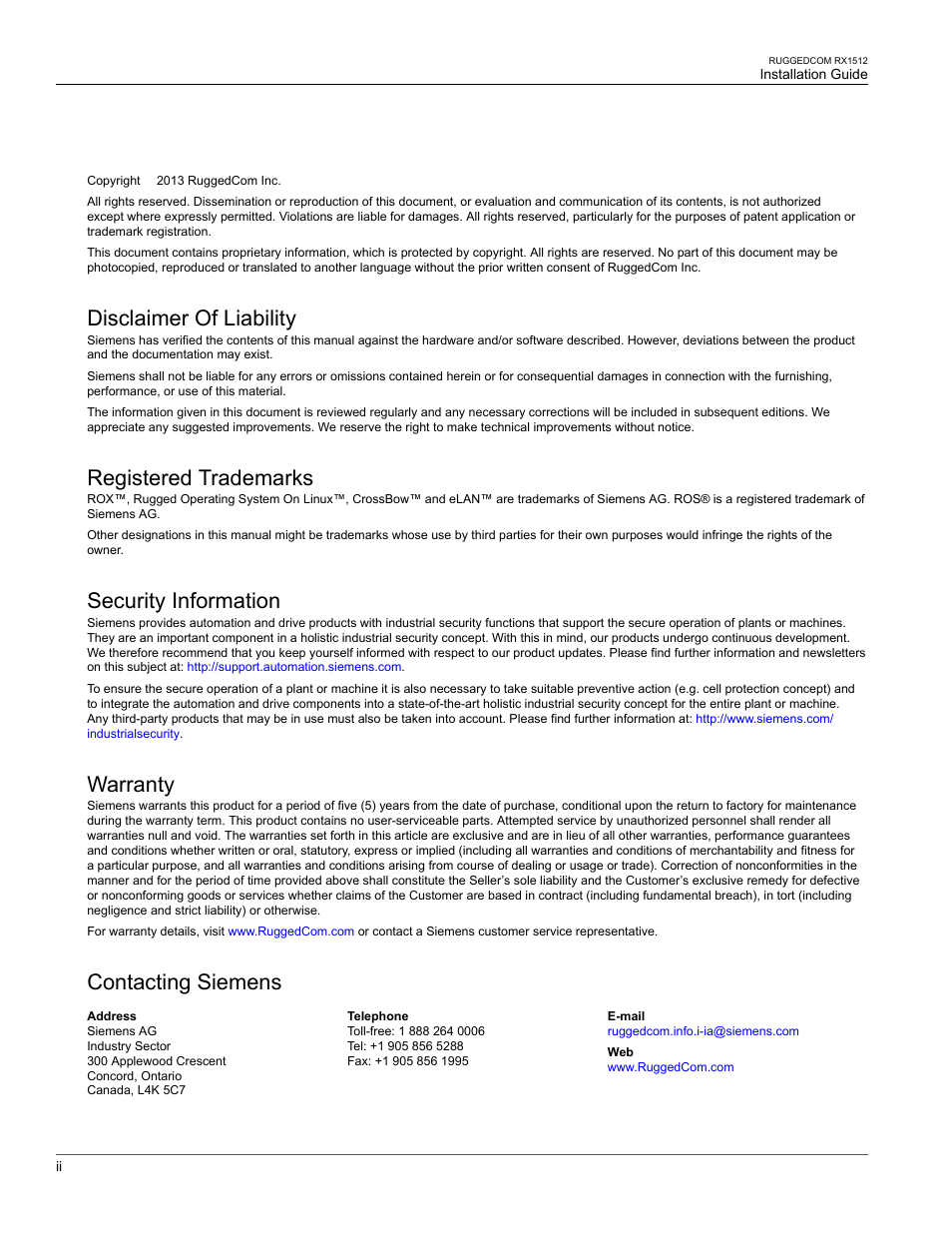 Disclaimer of liability, Registered trademarks, Security information | Warranty, Contacting siemens | RuggedCom RX1512 User Manual | Page 2 / 48