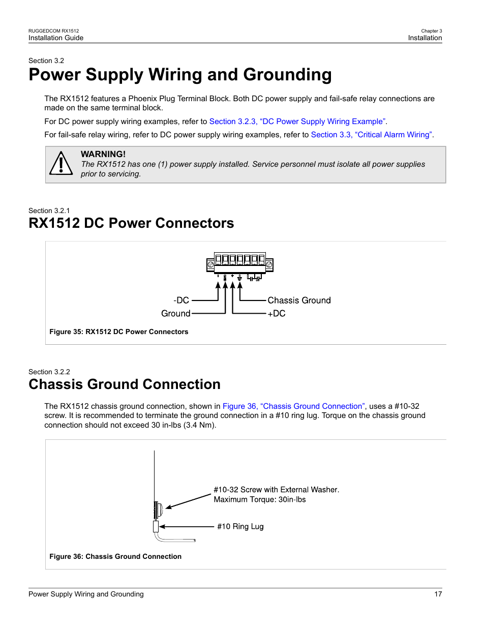 Power supply wiring and grounding, Rx1512 dc power connectors, Chassis ground connection | 2 power supply wiring and grounding, 1 rx1512 dc power connectors, 2 chassis ground connection | RuggedCom RX1512 User Manual | Page 23 / 48