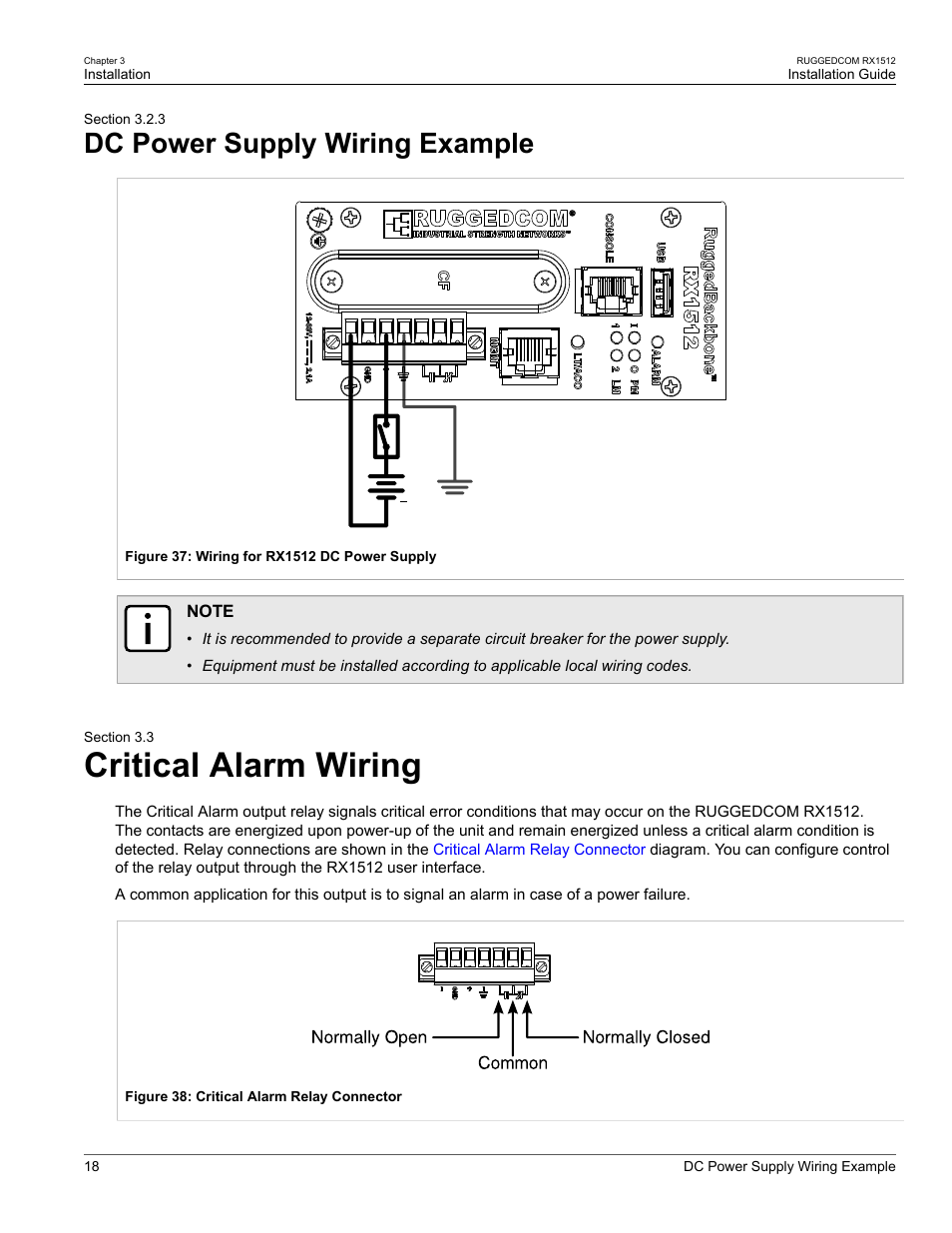 Dc power supply wiring example, Critical alarm wiring, 3 dc power supply wiring example | 3 critical alarm wiring, Critical alarm (failsafe) relay interface, Section 3.3, “critical alarm wiring, Section 3.2.3, “dc power supply wiring example | RuggedCom RX1512 User Manual | Page 24 / 48