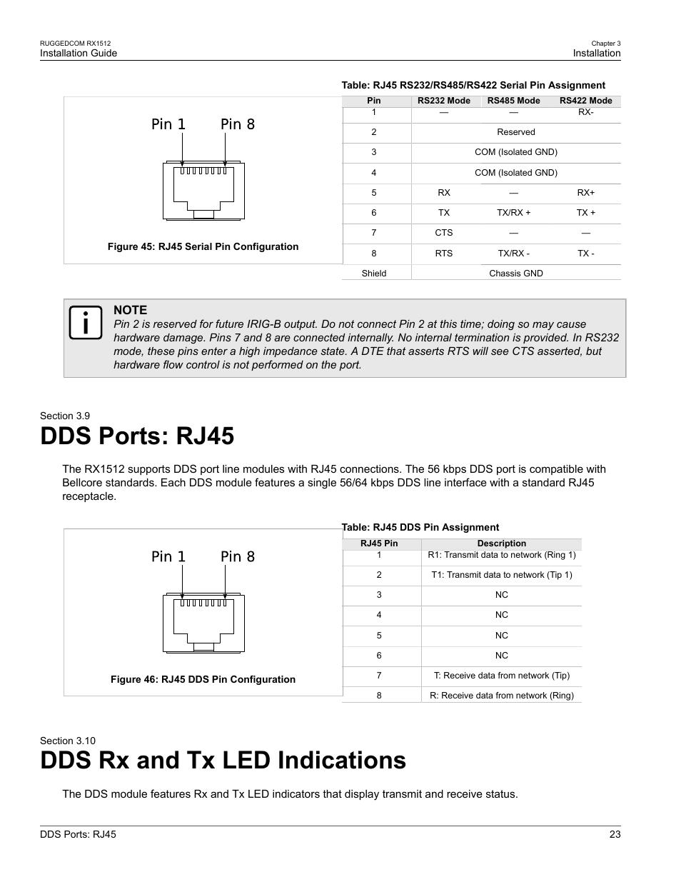 Dds ports: rj45, Dds rx and tx led indications, 9 dds ports: rj45 | 10 dds rx and tx led indications | RuggedCom RX1512 User Manual | Page 29 / 48