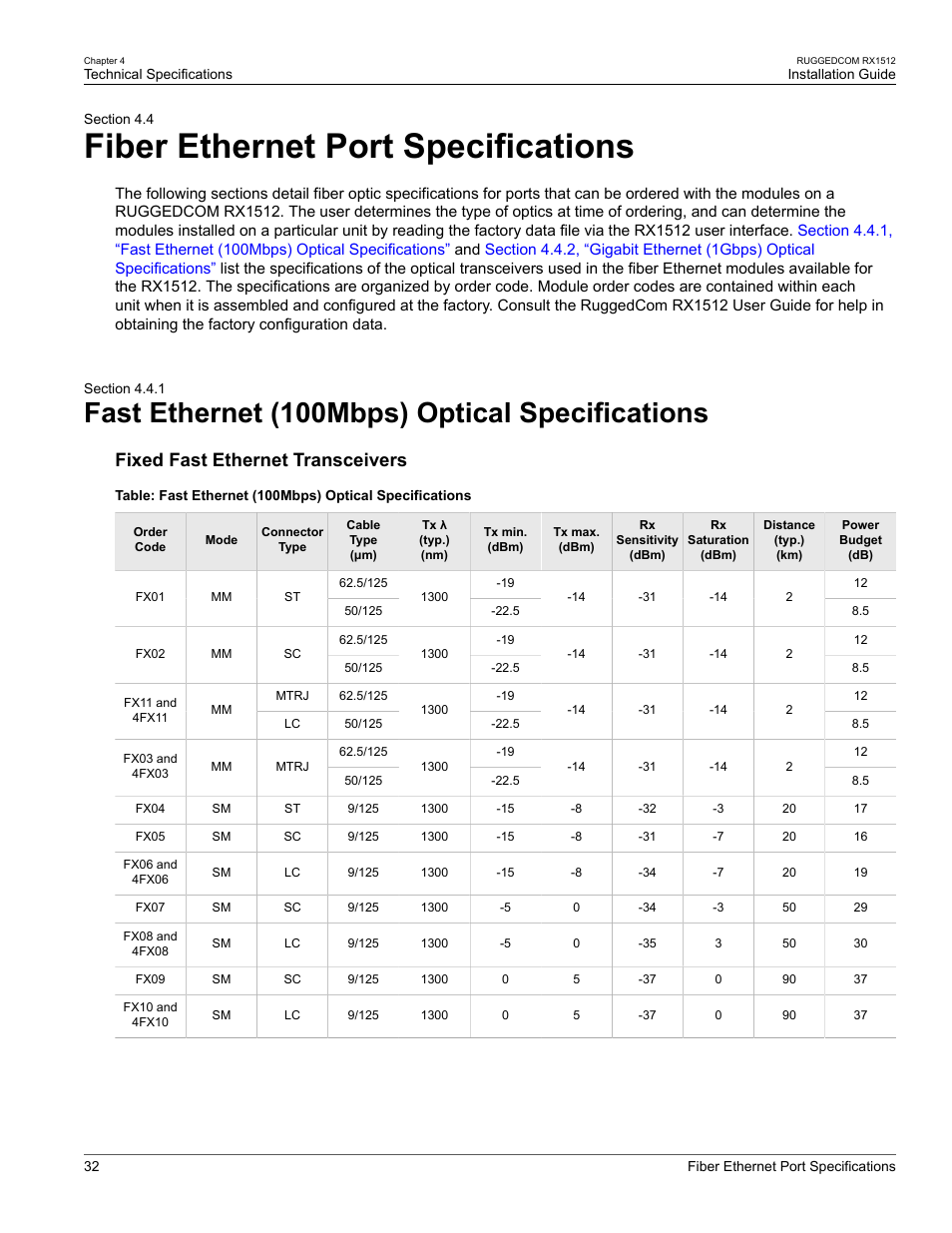 Fiber ethernet port specifications, Fast ethernet (100mbps) optical specifications, 4 fiber ethernet port specifications | 1 fast ethernet (100mbps) optical specifications, Fixed fast ethernet transceivers | RuggedCom RX1512 User Manual | Page 38 / 48