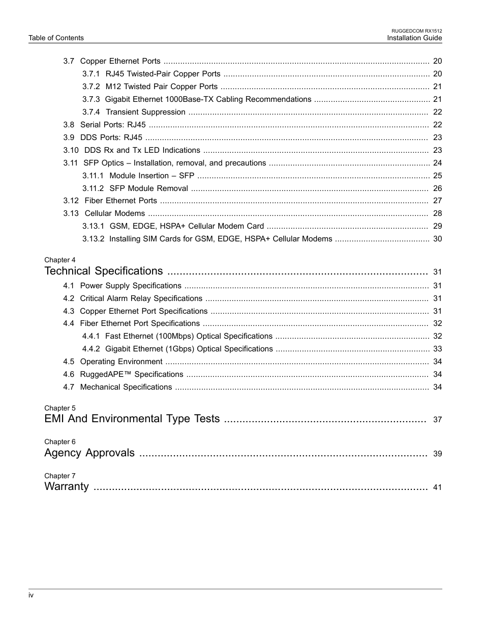 Technical specifications, Emi and environmental type tests, Agency approvals | Warranty | RuggedCom RX1512 User Manual | Page 4 / 48