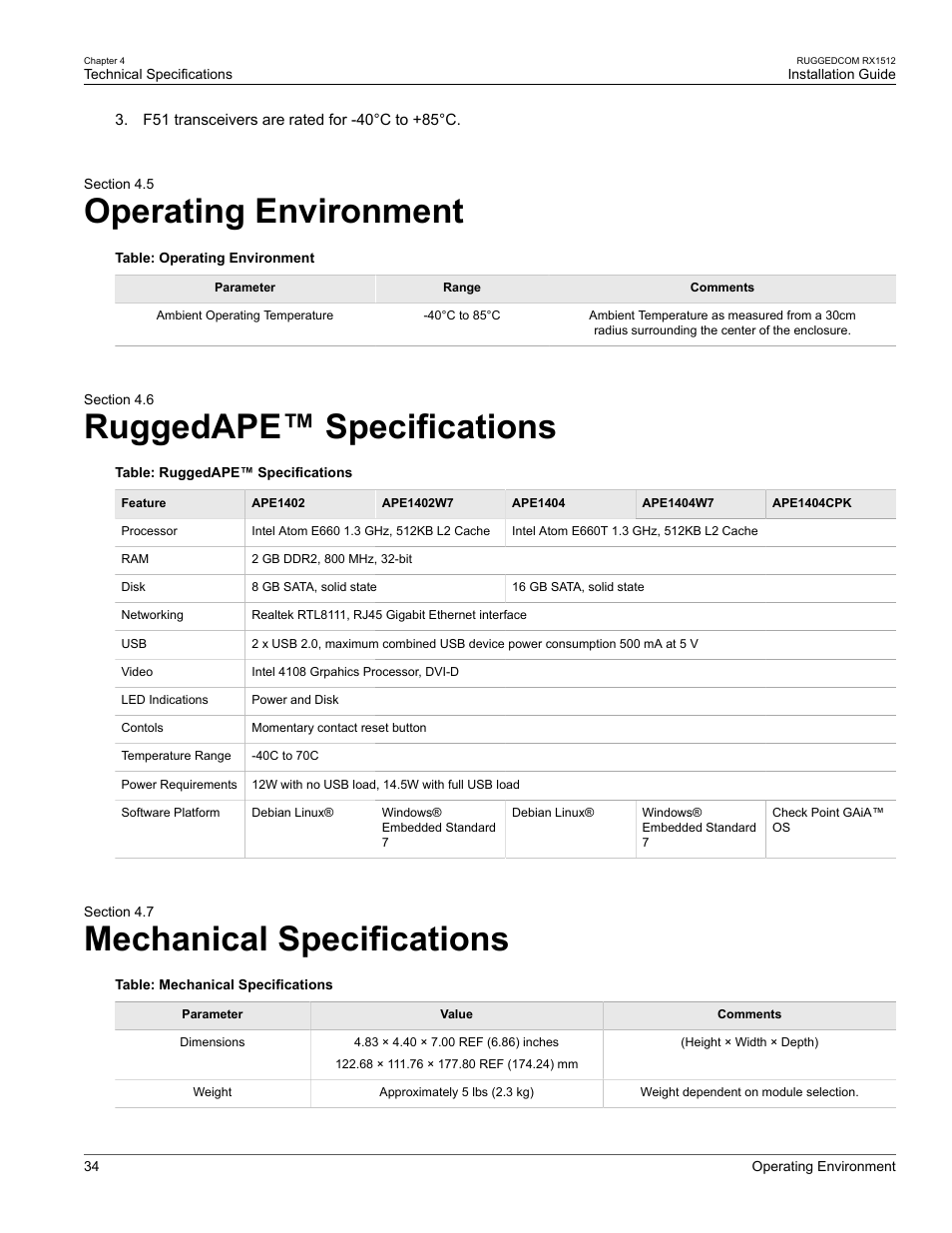 Operating environment, Ruggedape™ specifications, Mechanical specifications | 5 operating environment, 6 ruggedape™ specifications, 7 mechanical specifications | RuggedCom RX1512 User Manual | Page 40 / 48
