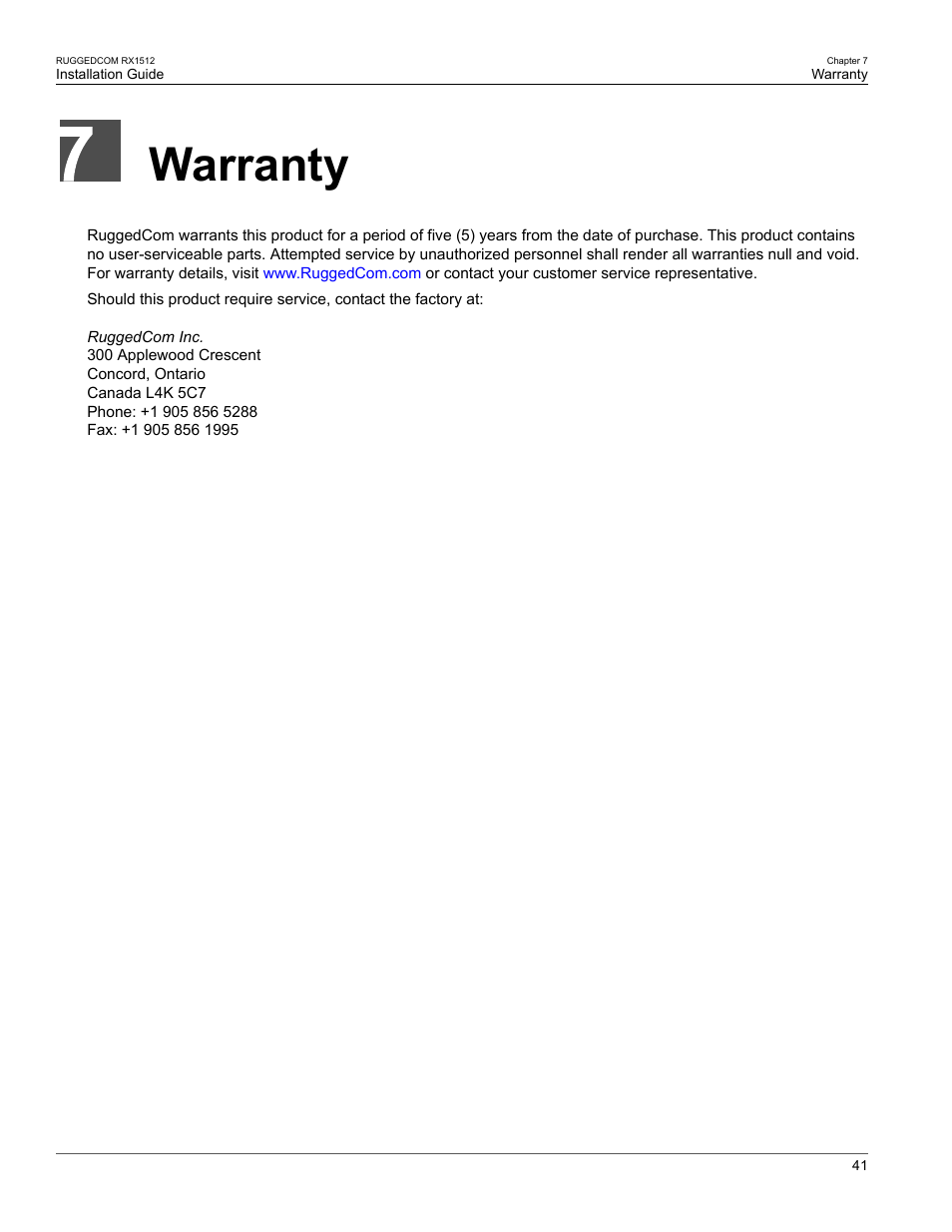 Warranty | RuggedCom RX1512 User Manual | Page 47 / 48