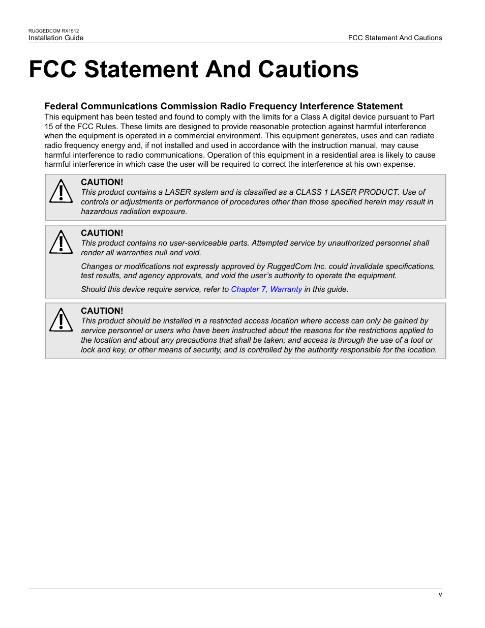Fcc statement and cautions, Fcc statement and, Cautions | RuggedCom RX1512 User Manual | Page 5 / 48