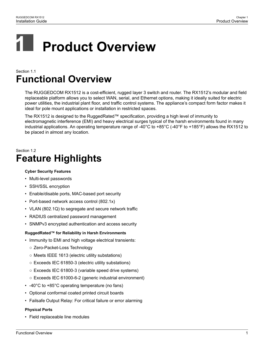 Product overview, Functional overview, Feature highlights | 1 functional overview, 2 feature highlights | RuggedCom RX1512 User Manual | Page 7 / 48