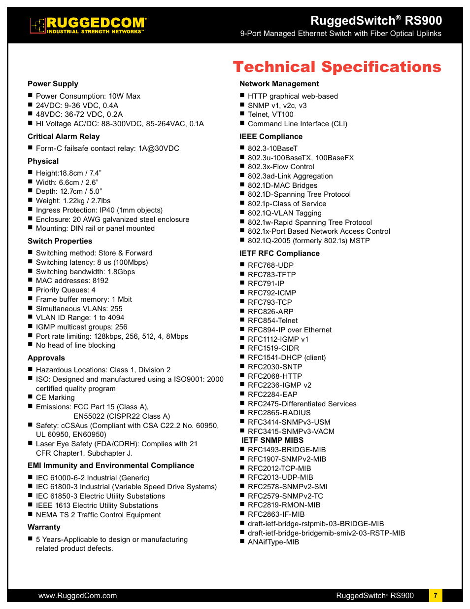 Technical specifications, Ruggedswitch, Rs900 | RuggedCom RS900 User Manual | Page 7 / 9