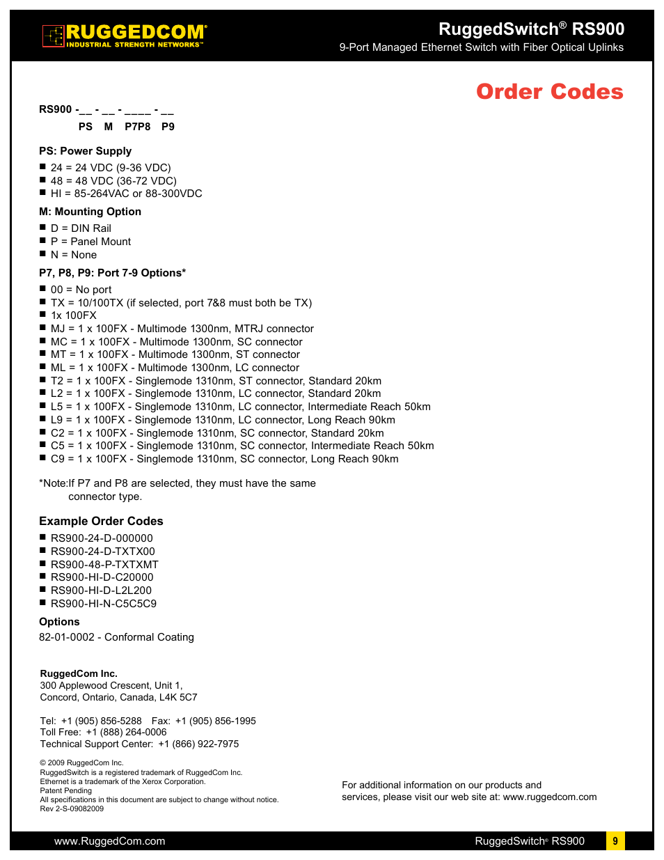 Order codes, Ruggedswitch, Rs900 | RuggedCom RS900 User Manual | Page 9 / 9