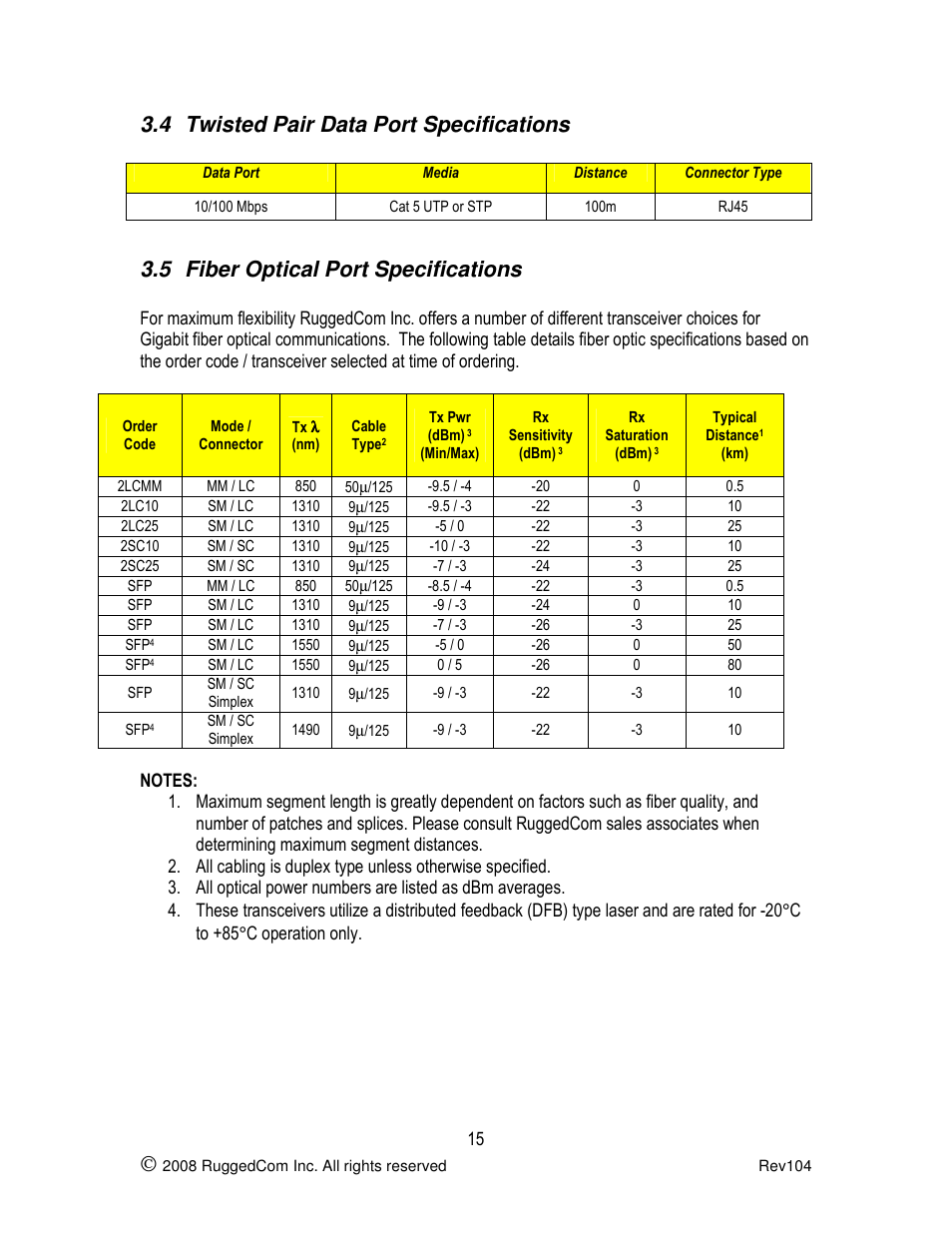 4 twisted pair data port specifications, 5 fiber optical port specifications | RuggedCom RS900G User Manual | Page 15 / 17