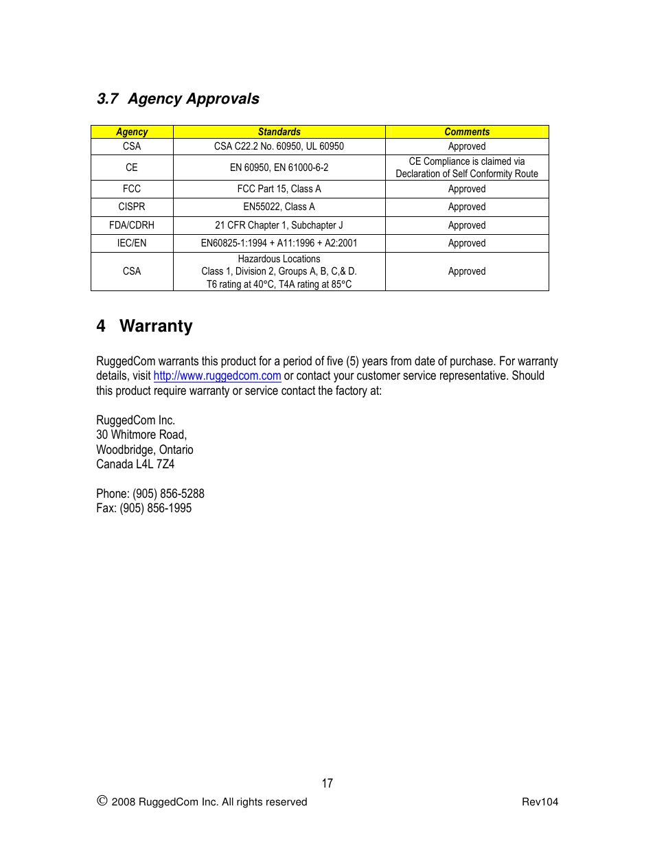 4 warranty, 7 agency approvals | RuggedCom RS900G User Manual | Page 17 / 17