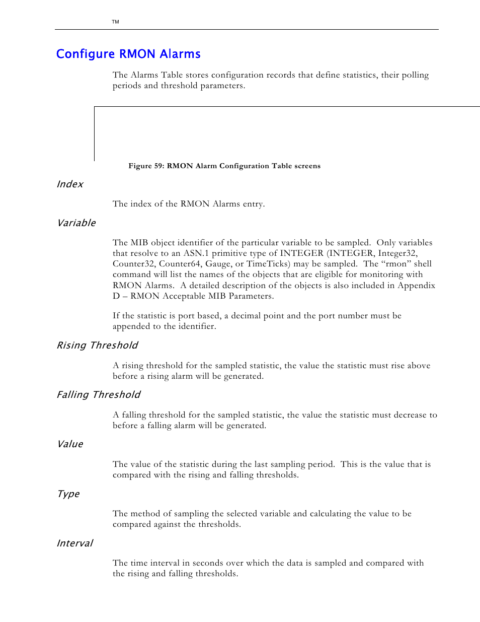 Configure rmon alarms, Index, Variable | Rising threshold, Falling threshold, Value, Type, Interval | RuggedCom RS1600 User Manual | Page 100 / 130