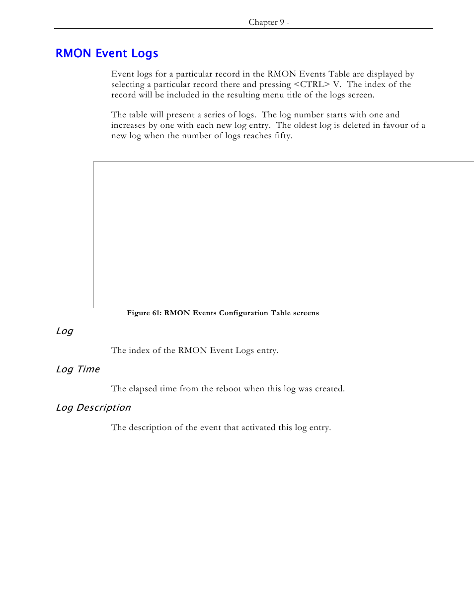 Rmon event logs, Log time, Log description | RuggedCom RS1600 User Manual | Page 103 / 130