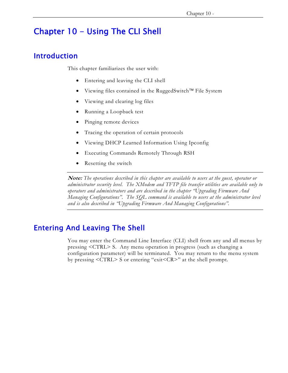 Chapter 10 - using the cli shell, Introduction, Entering and leaving the shell | RuggedCom RS1600 User Manual | Page 105 / 130