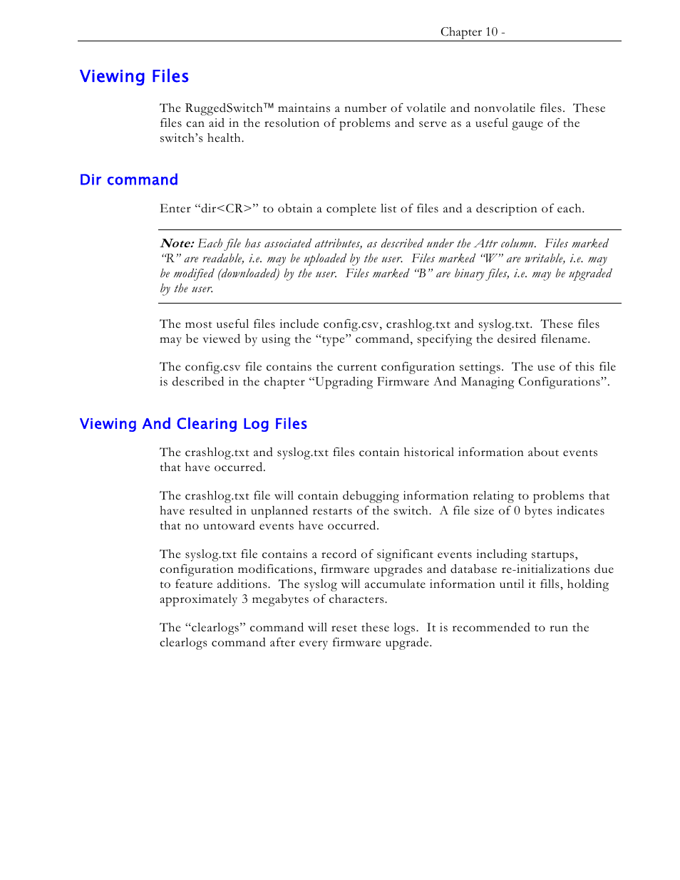 Viewing files, Dir command, Viewing and clearing log files | RuggedCom RS1600 User Manual | Page 107 / 130