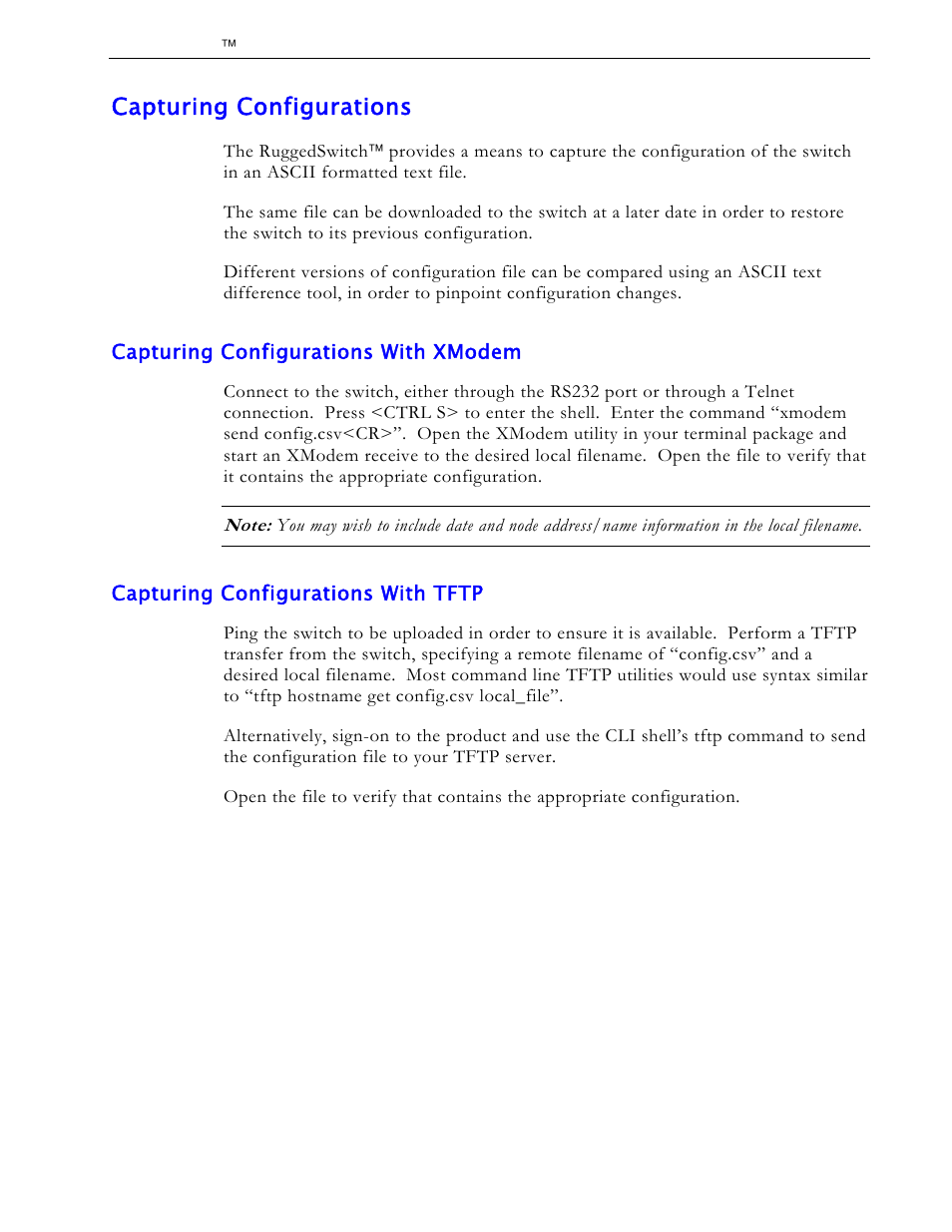 Capturing configurations, Capturing configurations with xmodem, Capturing configurations with tftp | RuggedCom RS1600 User Manual | Page 116 / 130