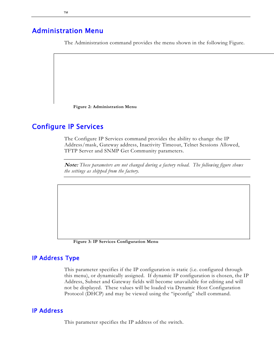 Administration menu, Configure ip services, Ip address type | Ip address | RuggedCom RS1600 User Manual | Page 18 / 130