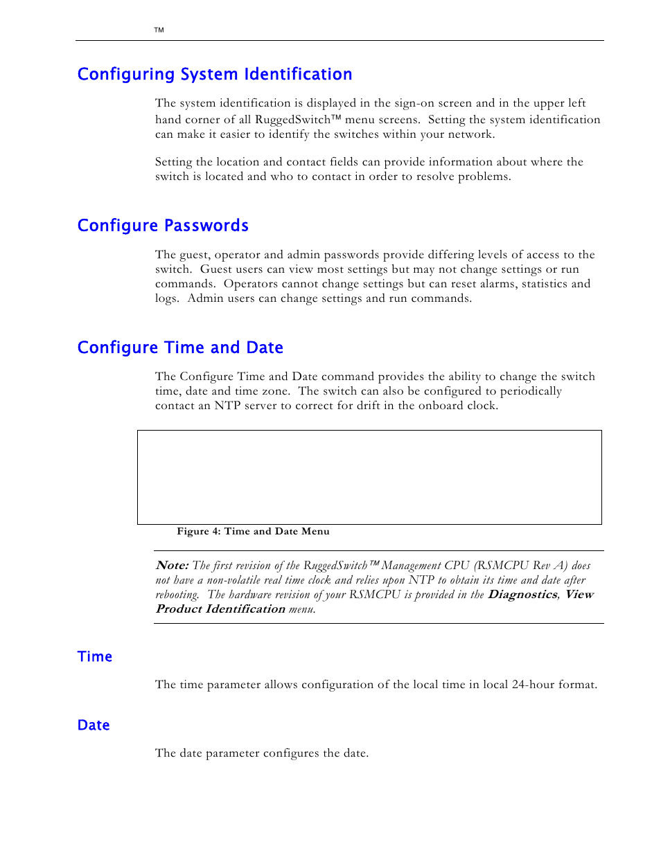 Configuring system identification, Configure passwords, Configure time and date | Time, Date | RuggedCom RS1600 User Manual | Page 20 / 130