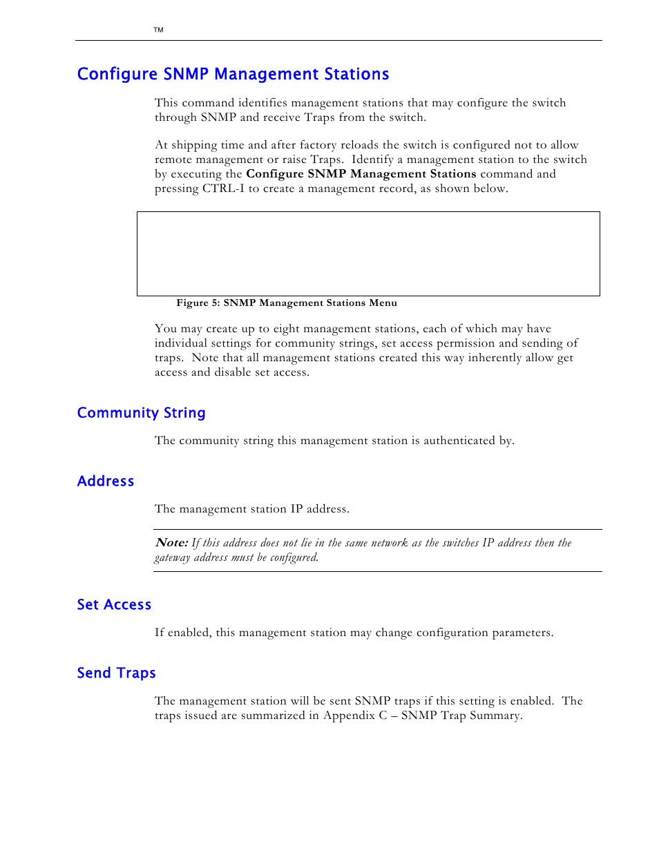 Configure snmp management stations, Community string, Address | Set access, Send traps | RuggedCom RS1600 User Manual | Page 22 / 130