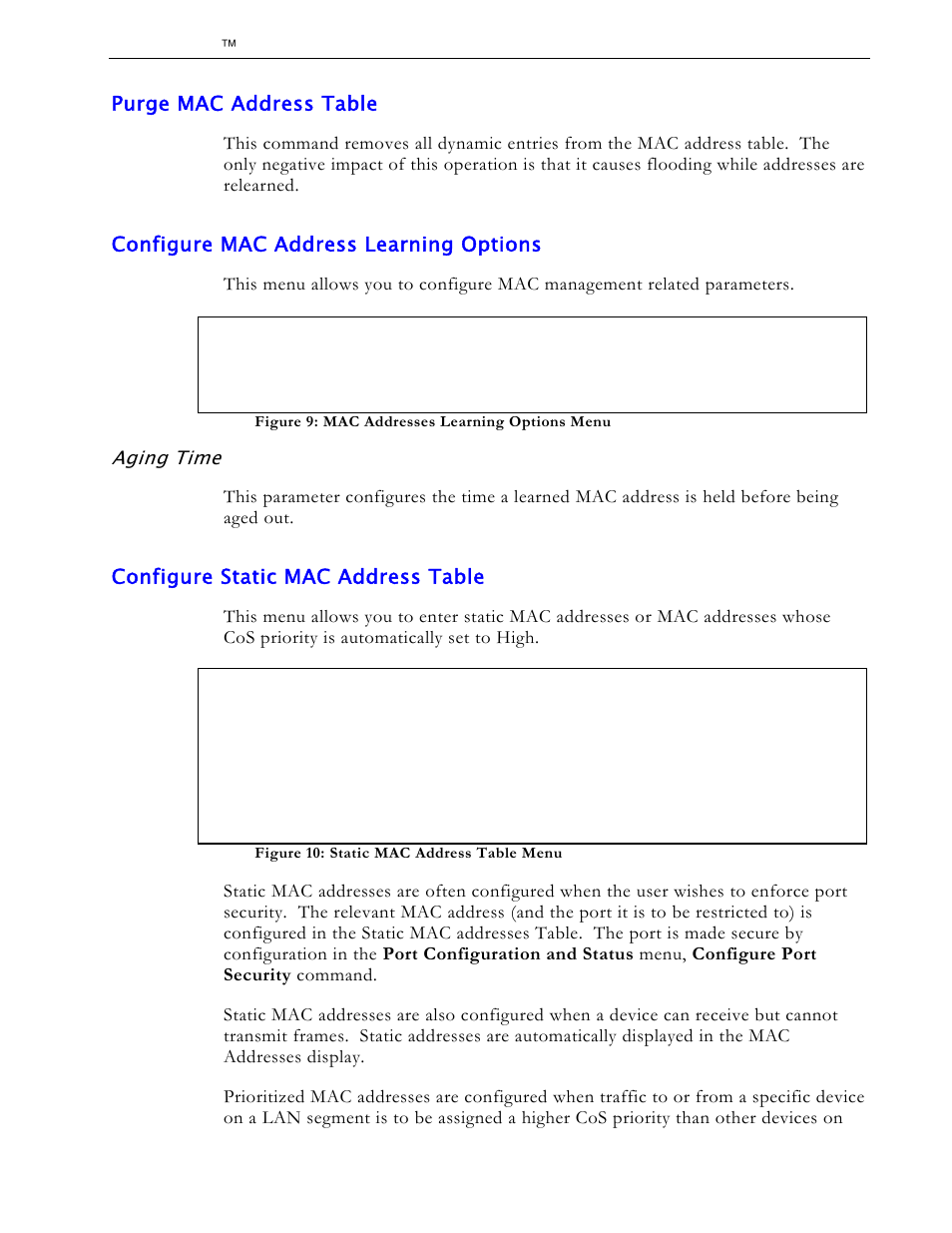 Purge mac address table, Configure mac address learning options, Aging time | Configure static mac address table | RuggedCom RS1600 User Manual | Page 26 / 130