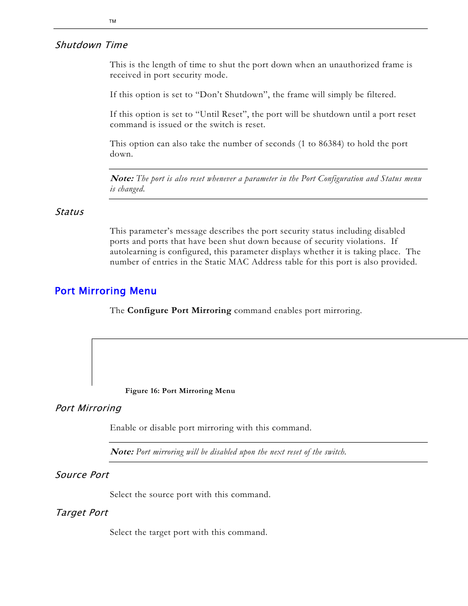 Shutdown time, Status, Port mirroring menu | Port mirroring, Source port, Target port | RuggedCom RS1600 User Manual | Page 36 / 130