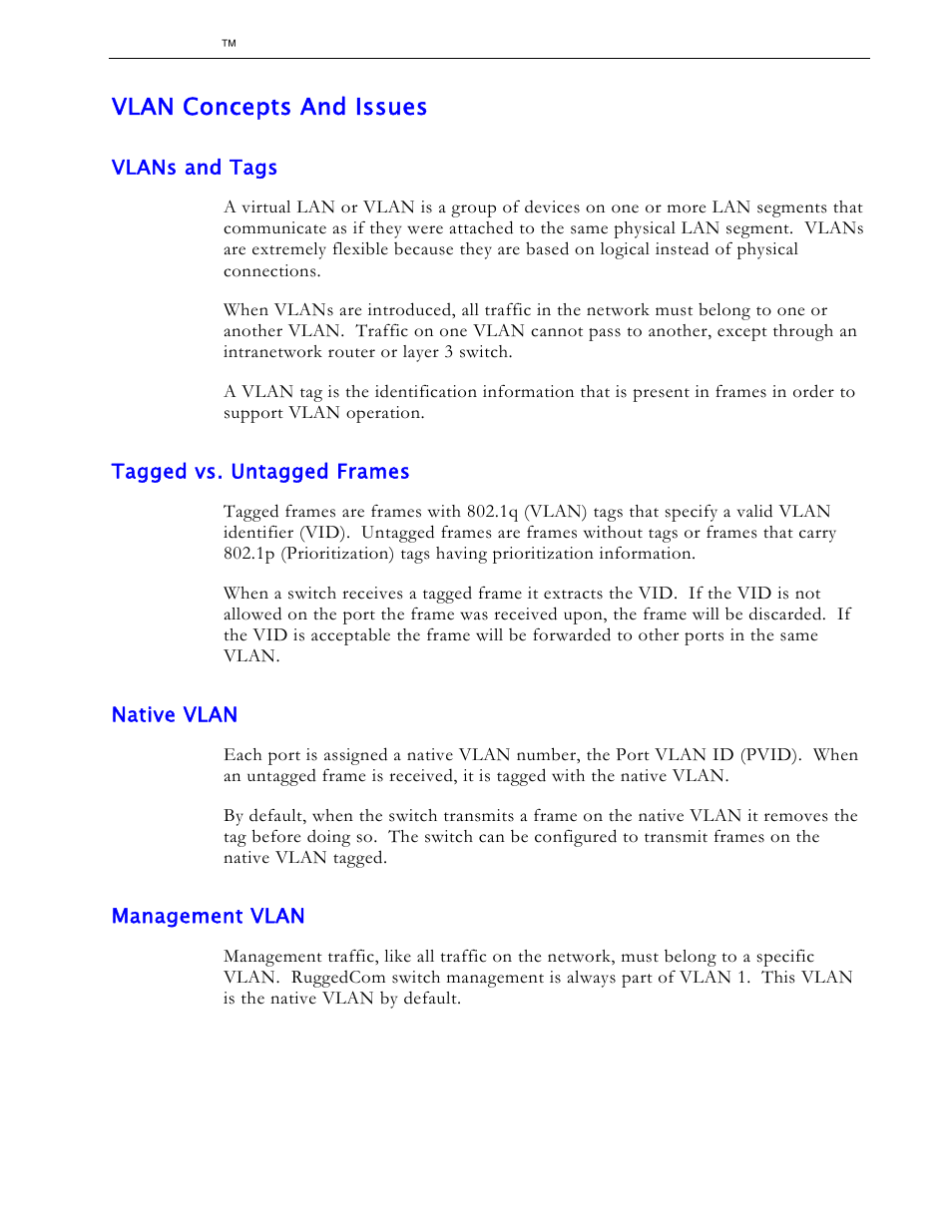 Vlan concepts and issues, Vlans and tags, Tagged vs. untagged frames | Native vlan, Management vlan | RuggedCom RS1600 User Manual | Page 40 / 130