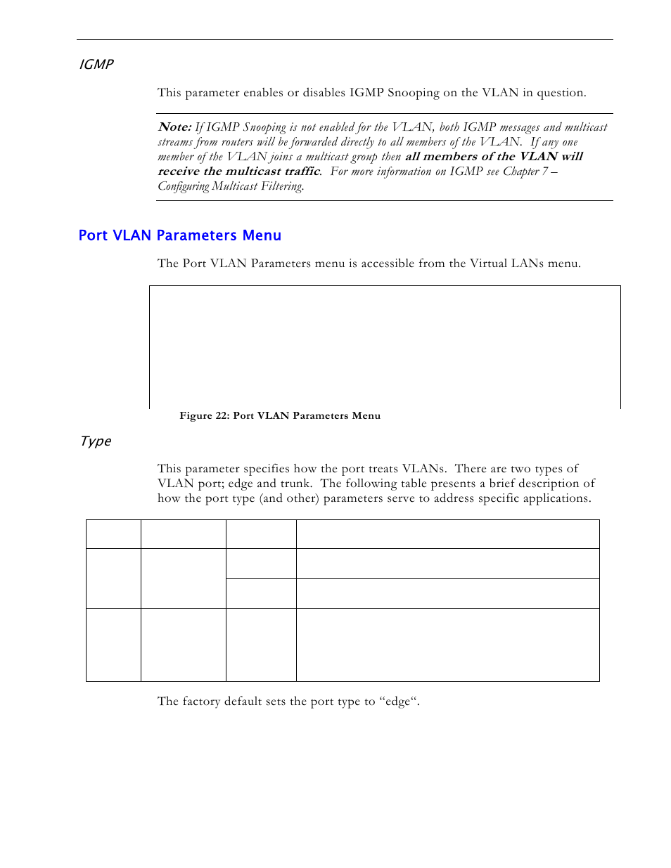 Igmp, Port vlan parameters menu, Type | RuggedCom RS1600 User Manual | Page 45 / 130