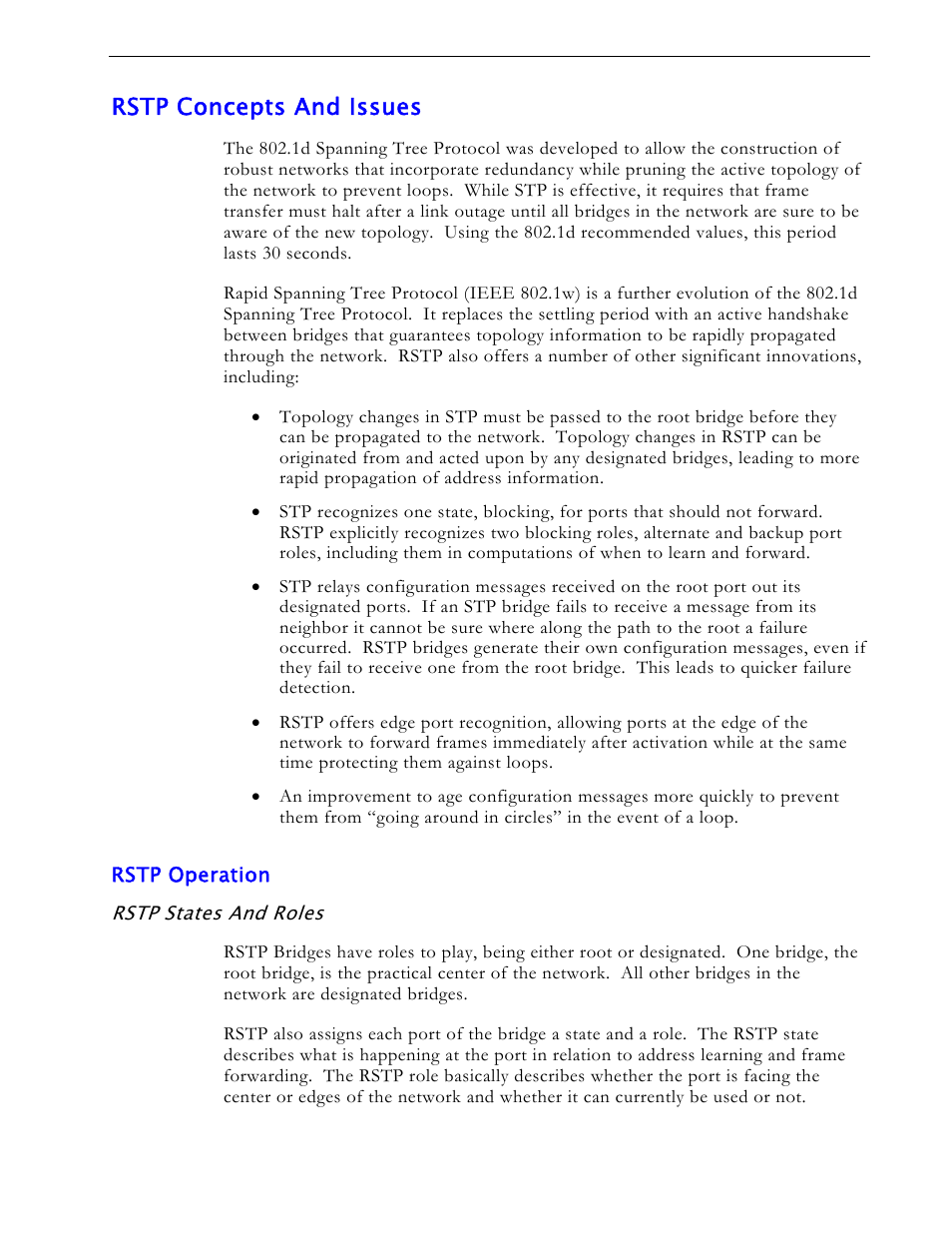 Rstp concepts and issues, Rstp operation, Rstp states and roles | State | RuggedCom RS1600 User Manual | Page 55 / 130