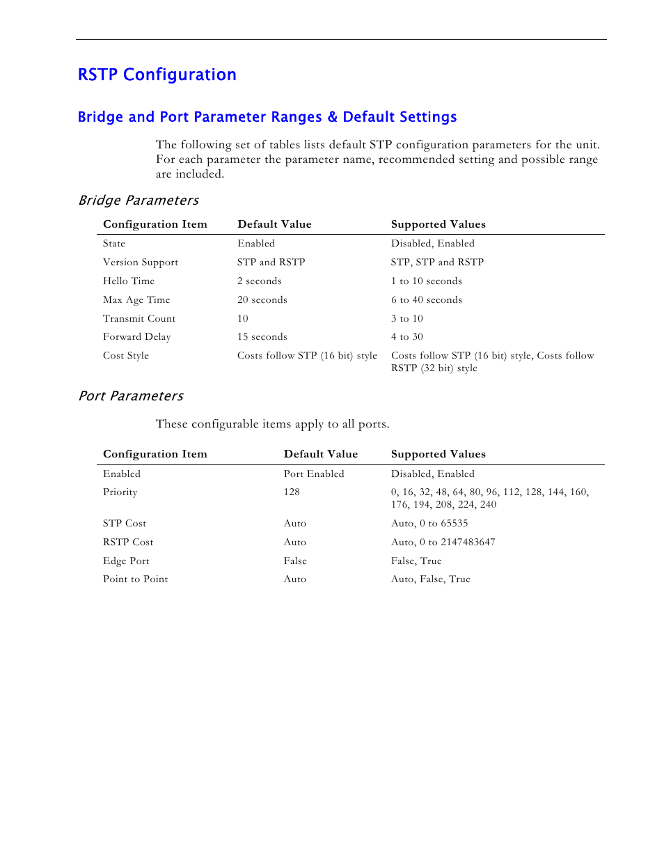 Rstp configuration, Bridge parameters, Port parameters | RuggedCom RS1600 User Manual | Page 63 / 130