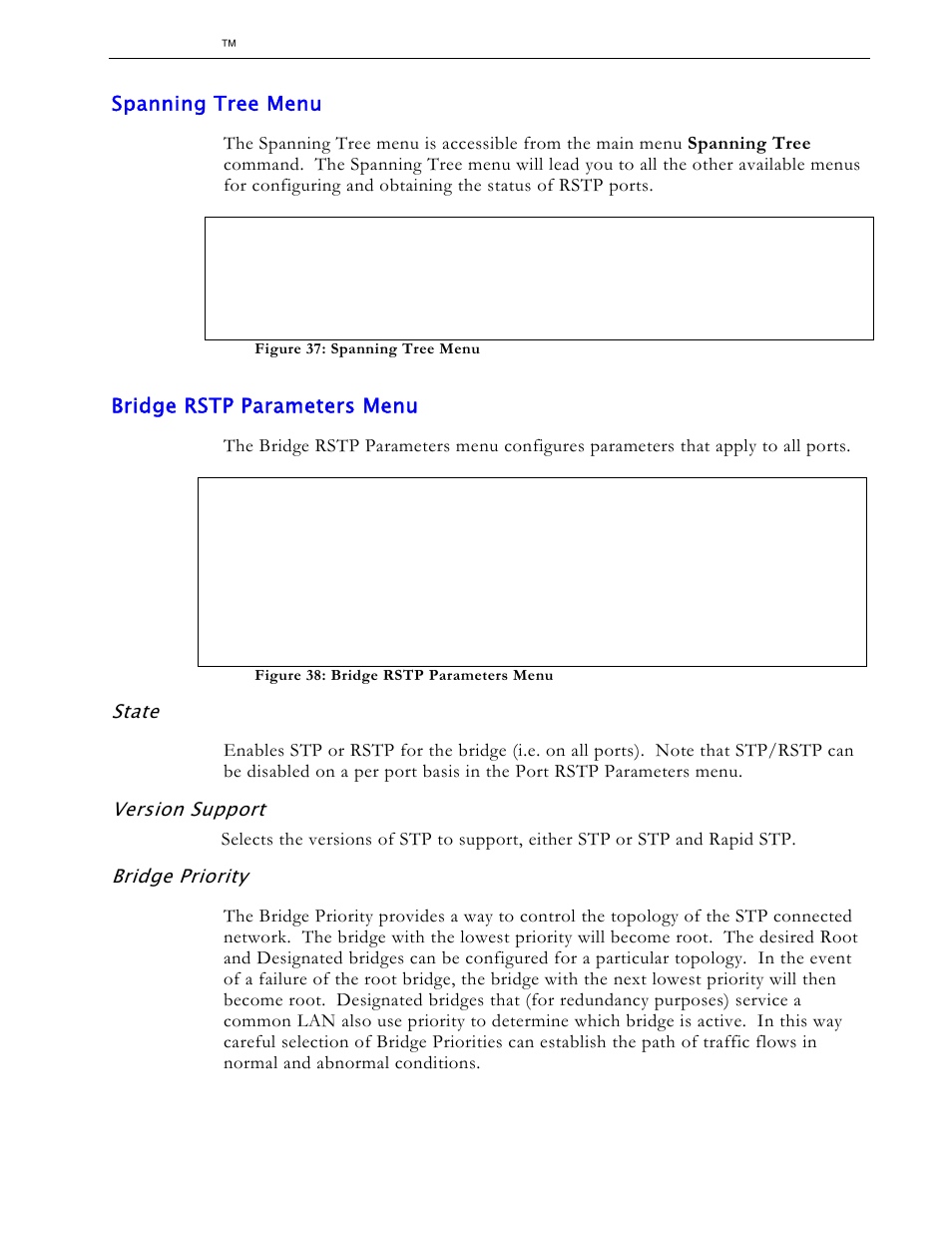 Spanning tree menu, Bridge rstp parameters menu, State | Version support, Bridge priority | RuggedCom RS1600 User Manual | Page 64 / 130