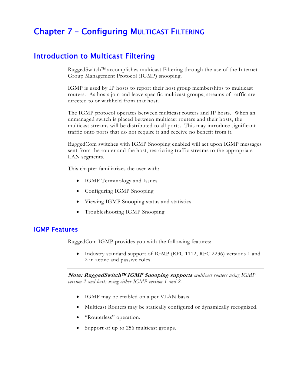 Chapter 7 – configuring multicast filtering, Introduction to multicast filtering, Igmp features | Chapter 7 – configuring m | RuggedCom RS1600 User Manual | Page 75 / 130