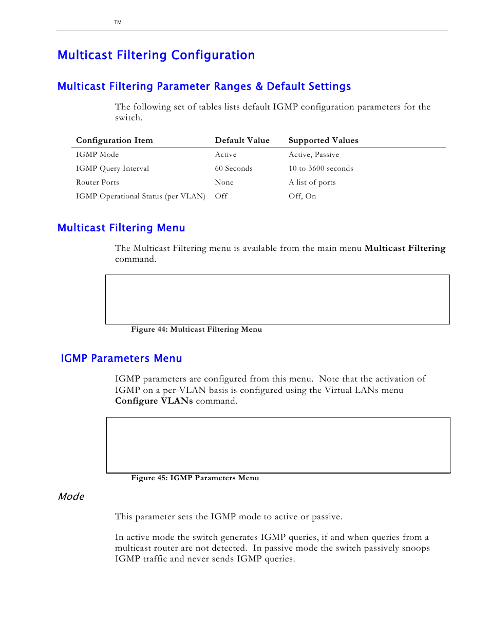 Multicast filtering configuration, Multicast filtering menu, Igmp parameters menu | Mode | RuggedCom RS1600 User Manual | Page 80 / 130