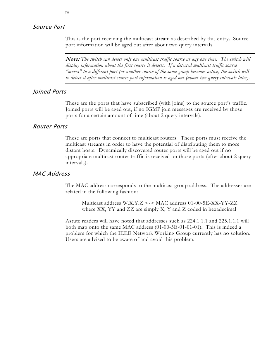 Source port, Joined ports, Router ports | Mac address | RuggedCom RS1600 User Manual | Page 82 / 130
