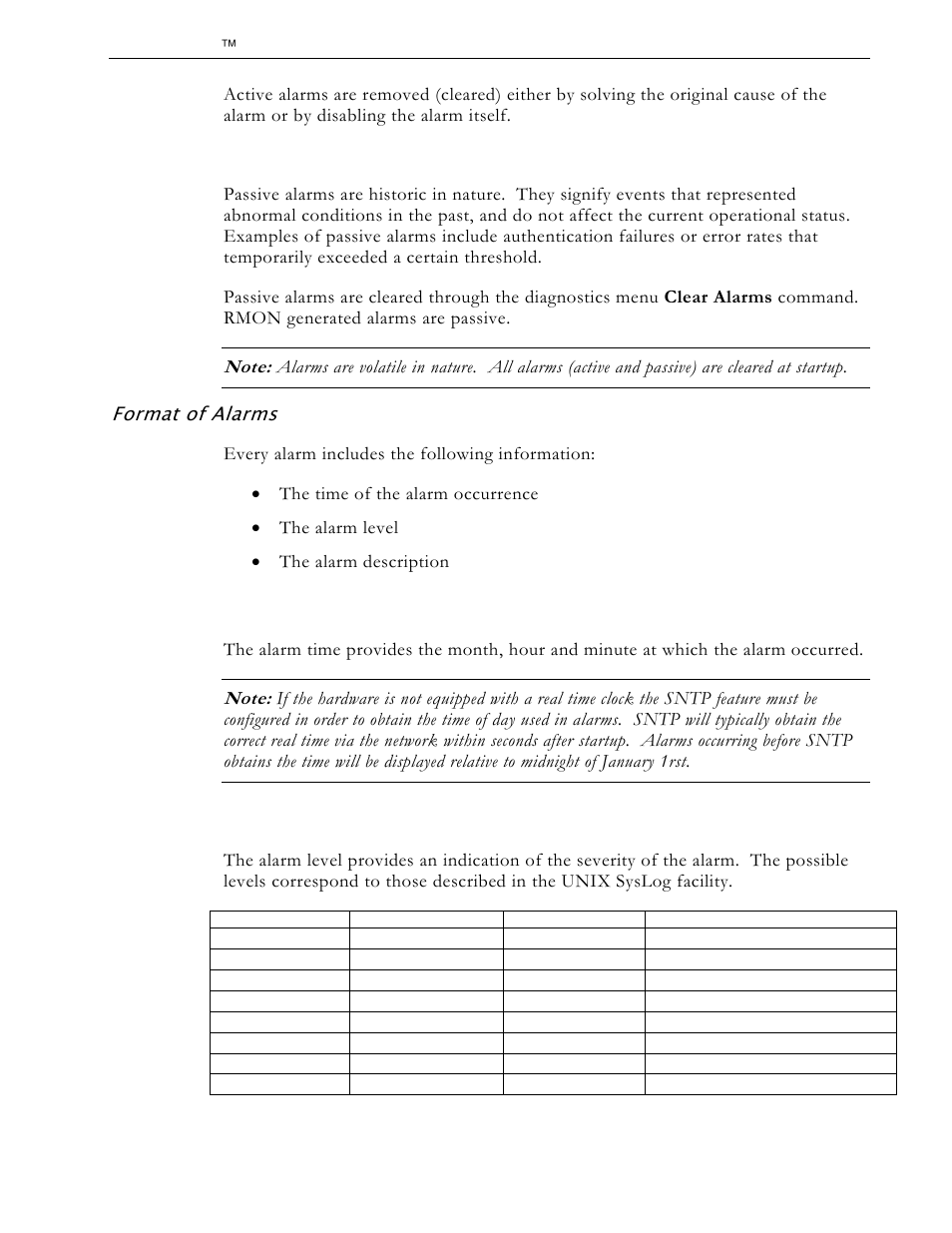 Passive alarms, Format of alarms, Alarm time | Alarm level, Alarm description | RuggedCom RS1600 User Manual | Page 86 / 130