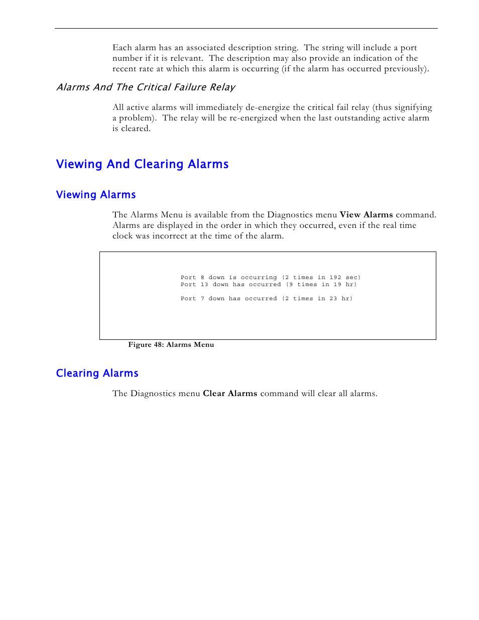 Alarms and the critical failure relay, Viewing and clearing alarms, Viewing alarms | Clearing alarms | RuggedCom RS1600 User Manual | Page 87 / 130