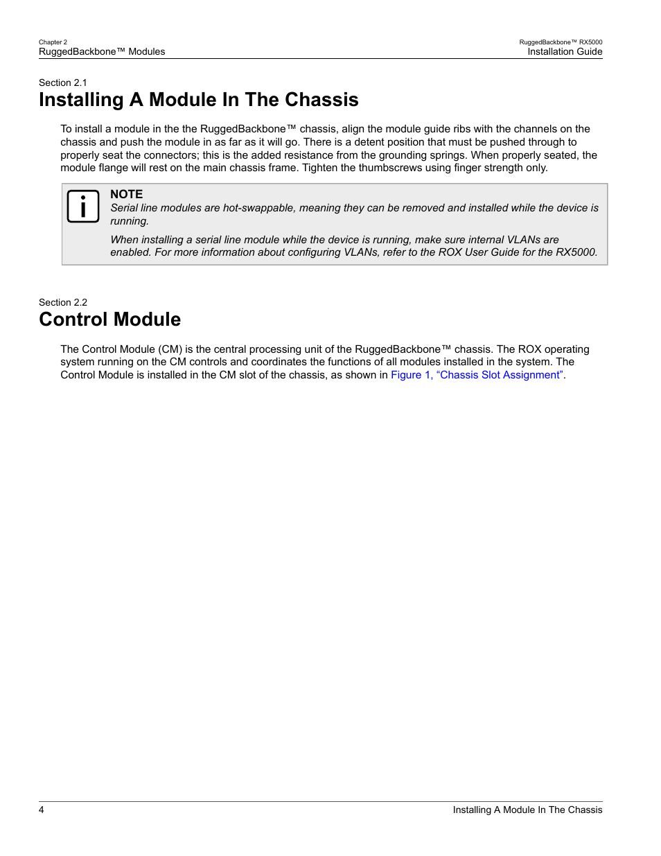 Installing a module in the chassis, Control module, 1 installing a module in the chassis | 2 control module, System. see, Section 2.2, “control module | RuggedCom RUGGEDBACKBONE RX5000 User Manual | Page 10 / 44