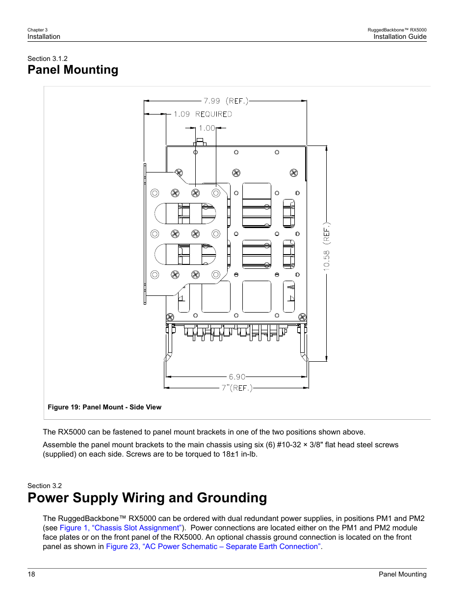 Panel mounting, Power supply wiring and grounding, 2 panel mounting | 2 power supply wiring and grounding | RuggedCom RUGGEDBACKBONE RX5000 User Manual | Page 24 / 44