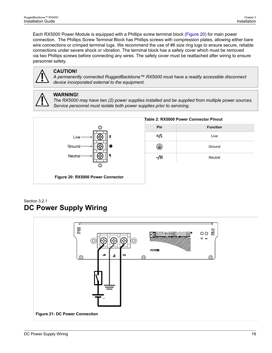Dc power supply wiring, 1 dc power supply wiring | RuggedCom RUGGEDBACKBONE RX5000 User Manual | Page 25 / 44