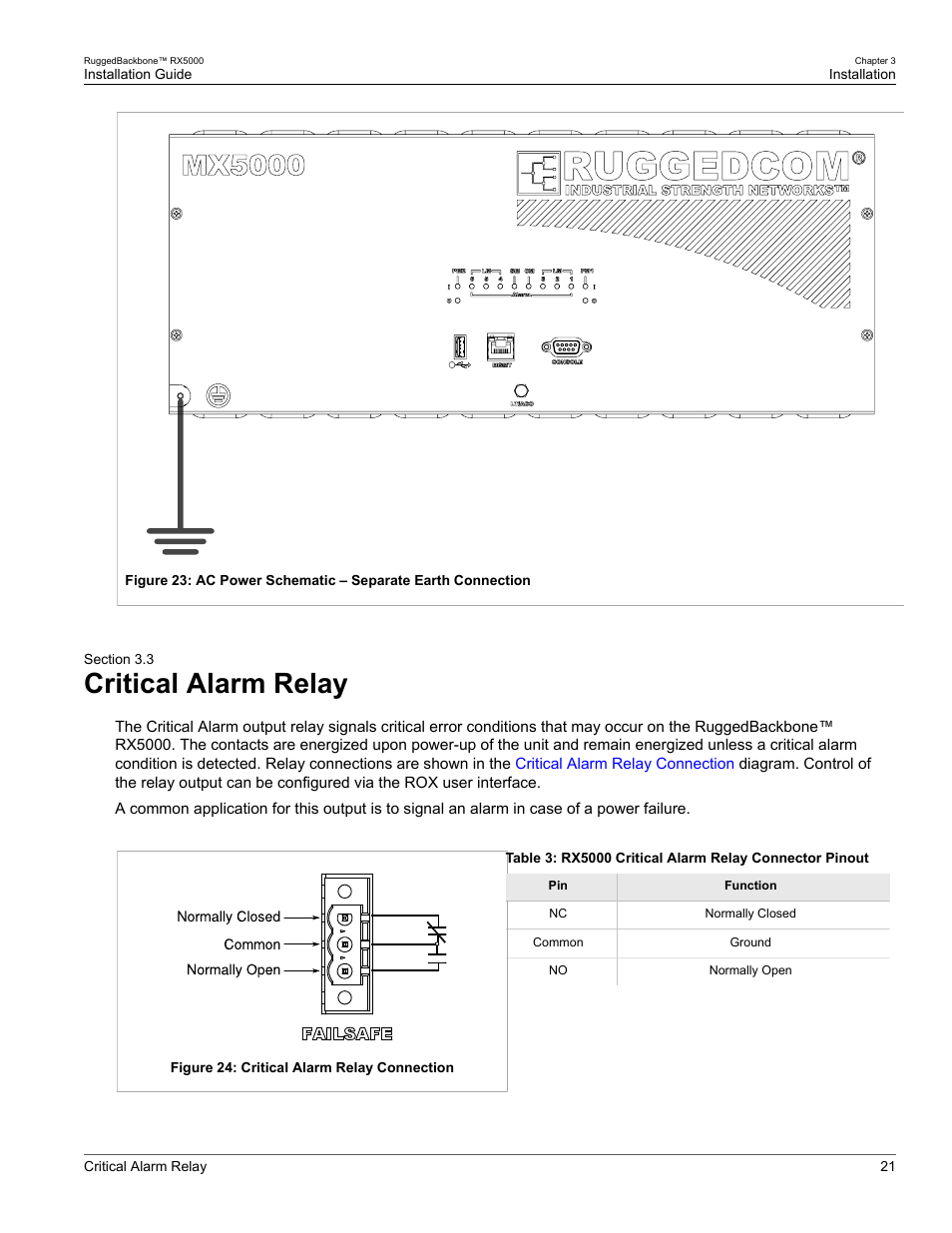 Critical alarm relay, 3 critical alarm relay, Panel as shown in | Figure 23, “ac power, Schematic – separate earth connection | RuggedCom RUGGEDBACKBONE RX5000 User Manual | Page 27 / 44