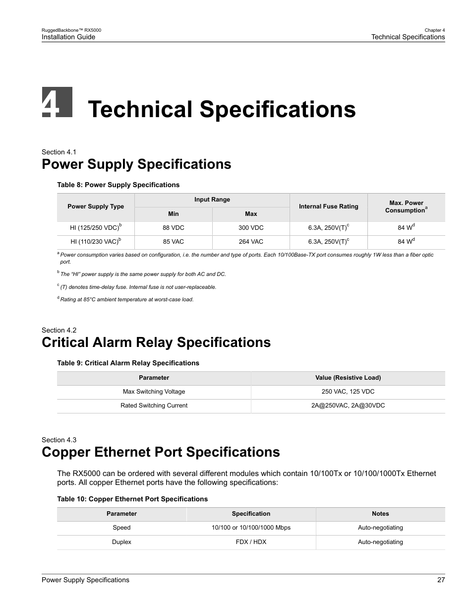 Technical specifications, Power supply specifications, Critical alarm relay specifications | Copper ethernet port specifications, 1 power supply specifications, 2 critical alarm relay specifications, 3 copper ethernet port specifications | RuggedCom RUGGEDBACKBONE RX5000 User Manual | Page 33 / 44