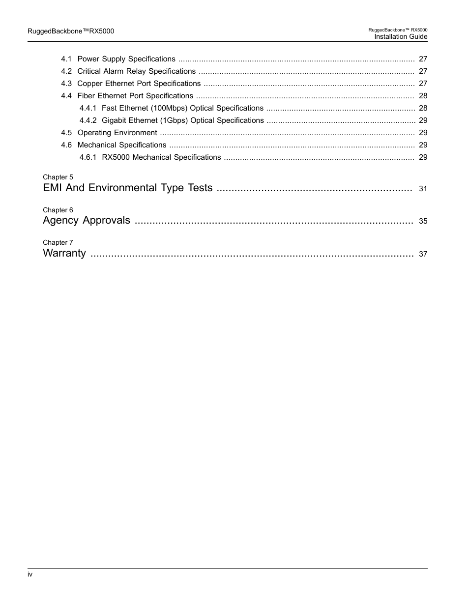 Emi and environmental type tests, Agency approvals, Warranty | RuggedCom RUGGEDBACKBONE RX5000 User Manual | Page 4 / 44