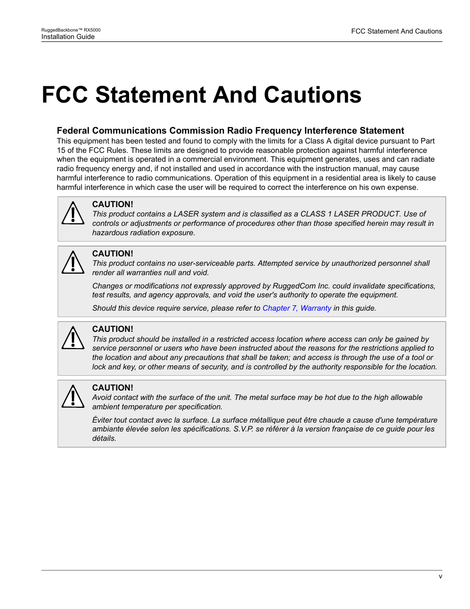 Fcc statement and cautions | RuggedCom RUGGEDBACKBONE RX5000 User Manual | Page 5 / 44