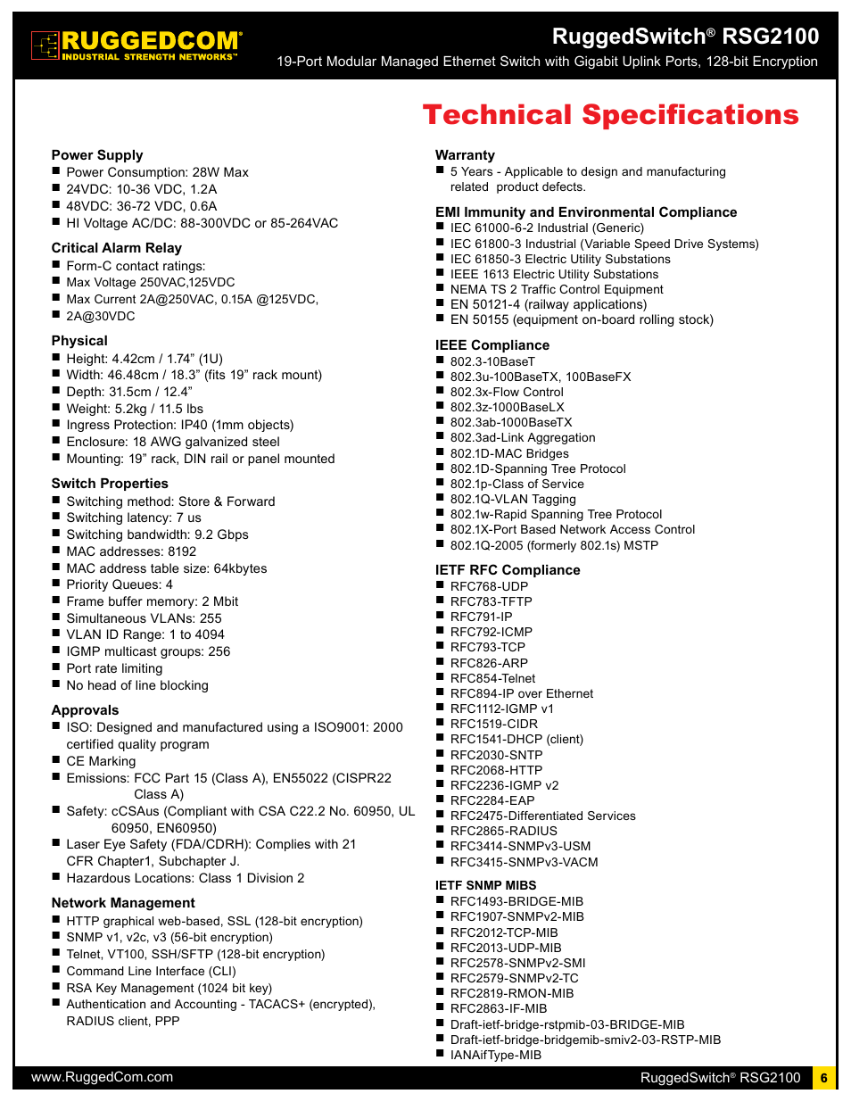 Technical specifications, Ruggedswitch, Rsg2100 | RuggedCom RSG2100 User Manual | Page 6 / 11