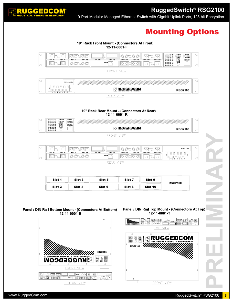 Preliminar y, Mounting options | RuggedCom RSG2100 User Manual | Page 8 / 11