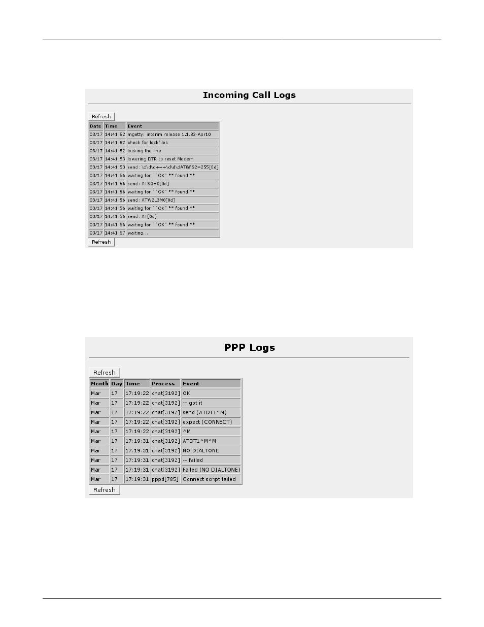 Modem incoming call logs, Modem ppp logs, 108 12.2.6. modem ppp logs | Incoming call logs, 108 12.9. ppp logs | RuggedCom RuggedRouter RX1100 User Manual | Page 108 / 341